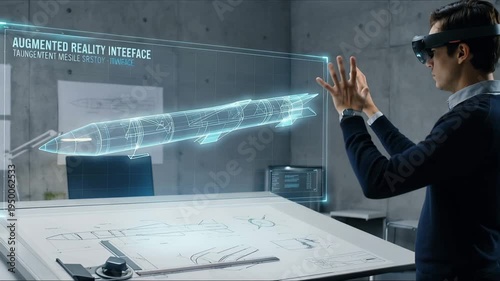 Missile weapon visualization with augmented reality Transparent missile in studio drawing in blue colors