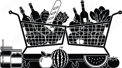 Shopping carts with groceries silhouette, supermarket food products collection, fruits vegetables bread bottles market basket vector illustration set