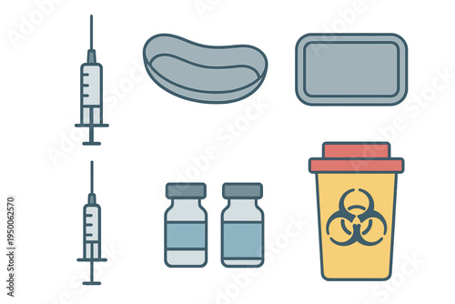 Medical equipment and supplies laid out for vaccine administration and waste disposal in a clinical setting