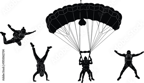 Skydiving parachute silhouettes set, extreme sport parachutist jumping falling landing adventure air sport vector illustration collection