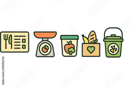 Tools and symbols representing food preparation and waste management in a kitchen or dining environment
