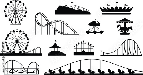 Konstfotografi Collection of amusement park ride silhouettes on a white background theme park a