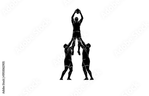 Rugby Lineout Jump and Lift Action Silhouette, Teamwork and Strategy Vector Sticker, Professional Rugby Union Match Illustration