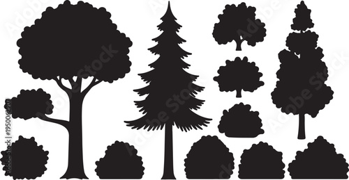Cartoon Tree and Bush Set with Pine Fir Oak Elm and Ash