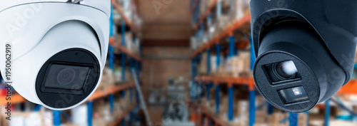 Fotografía Surveillance cameras in a storage area capture activities of the warehouse