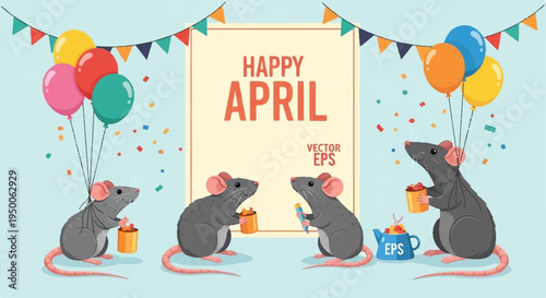 Three gray cartoon mice wearing party hats sitting around a happy april sign with colorful balloons and confetti on a light blue background