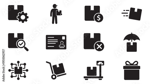 Parcel and Package Management Icon Set for Logistics Shipping Delivery Tracking and Supply Chain Business Applications