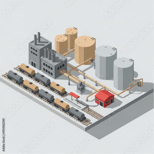Industrial Factory Complex with Storage Tanks and Train Cars.