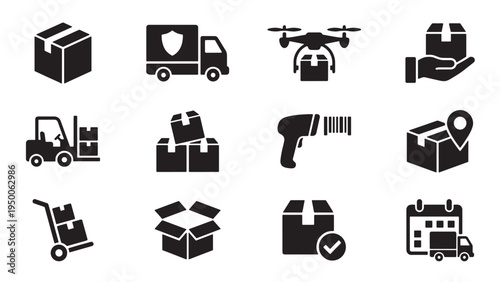 Delivery and Warehouse Operations Icon Set for Freight Drone Shipping Inventory and Supply Chain Management Applications
