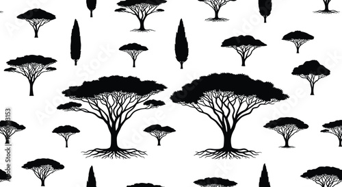 Tree silhouettes collection, acacia savanna and forest tree icons set, nature landscape botanical vector illustration design elements