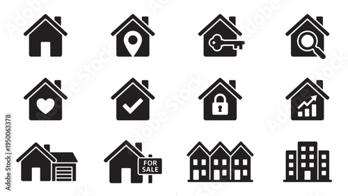 Essential Home and Housing Icon Set for Real Estate Property Listings Sale Rent Security and Urban Housing Applications