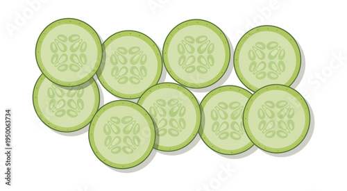 Cucumber, vector illustration of fresh green slices on white background, healthy vegetable design, salad ingredients, food concept