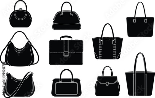 Women handbag silhouettes collection, fashion purse set, stylish tote shoulder bags vector icons isolated accessory design illustration