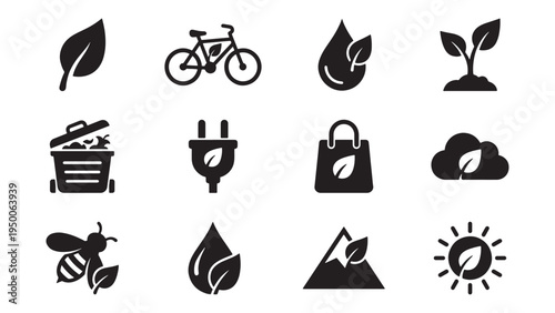 Nature and Eco Lifestyle Icon Set for Sustainable Living Cycling Clean Energy Conservation and Environmental Awareness