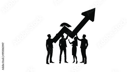 Four business team members collaborate to lift a large upward trending arrow silhouette symbolizing.