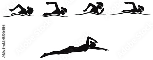 Swimming silhouettes  showing freestyle swimmer stroke positions and aquatic icons.