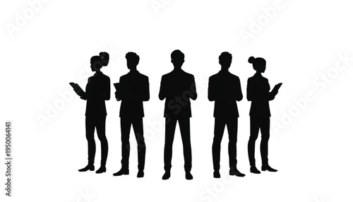 Five diverse business people stand closely together holding small electronic devices in a unified modern.