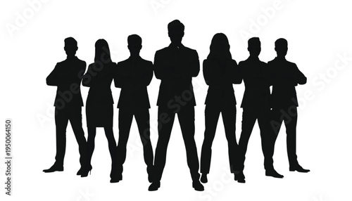 Confident team of seven business professionals stand together with arms crossed showcasing strong leadership.