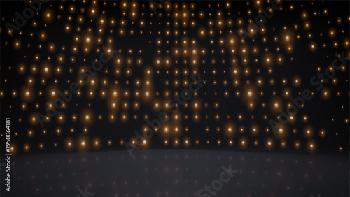 Flashing gold background led disco wall lights, stage. Golden glowing dots light bulbs abstract dark background, backdrop. Bright flicker stage lights. Futuristic dot pattern. Vector illustration