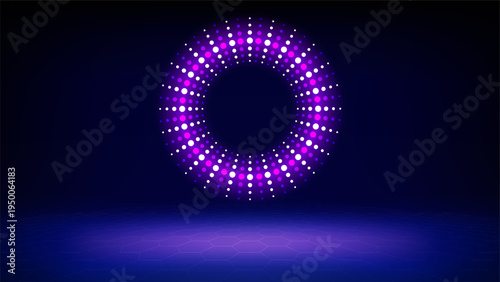 Futuristic technology stage blue background. Round purple pink dotted led, neon glow. Abstract background for displaying products, presentation, advertising. Tech backdrop. Showcase. Vector