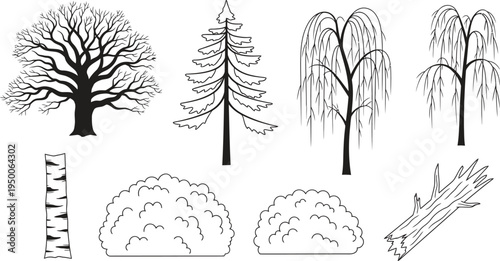Set of various detailed black outline vector illustrations of trees bushes and natural elements isolated on white background ideal for landscape design and architectural plans