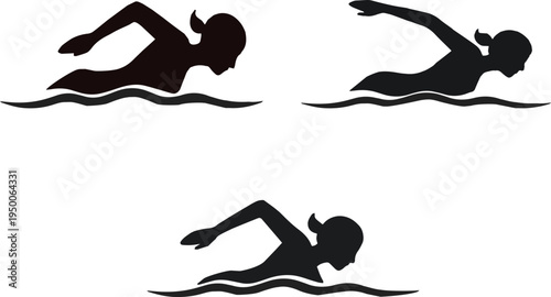 Swimming silhouette icons set Showing freestyle strokes, female swimmers, sport, and water motion.