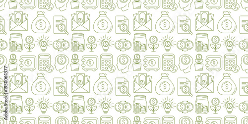 Financial seamless pattern with money mindset, savings and investment icons. Green line art vector background on white with coins, safe, calculator, money bags for business and economy design