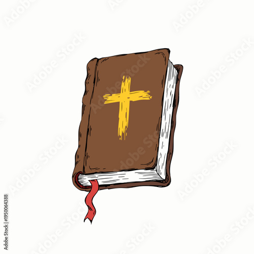 A closed brown book, likely representing a Bible, featuring a yellow Christian cross on the front cover. It is designed in a hand-drawn, sketch-like style with a red ribbon bookmark poking out.
