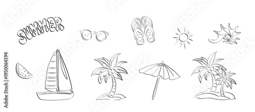 Hand-drawn vector stickers of summer, travel and vacation