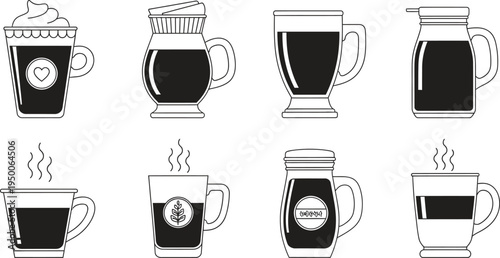 Set of various coffee cups and mugs featuring different hot beverages in a minimalist flat line art style ideal for cafe menus app icons or web elements