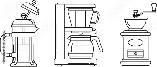 Set of coffee making equipment featuring a French press drip coffee maker and grinder in a minimalist line art style perfect for cafe menus or kitchen designs