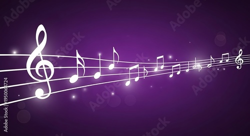 Animated music notes and staves flow across a purple gradient backdrop with subtle sparkles