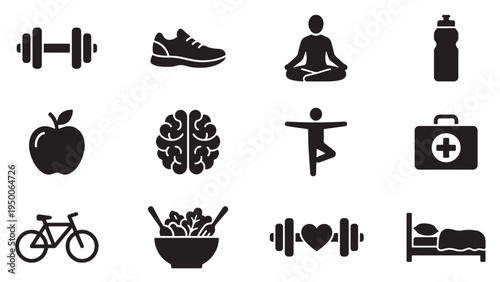 Fitness and Healthy Lifestyle Icon Set for Gym Nutrition Mental Wellness Meditation Sleep and Active Living Applications