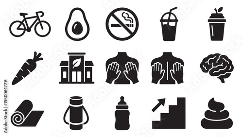 Healthy Living and Active Fitness Icon Set for Nutrition Cycling Yoga Detox Digestion and Wellness Routine Applications