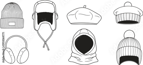 Collection of various winter headwear and accessories featuring outline vector illustrations for fashion design templates and cold weather apparel concepts