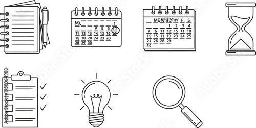 Set of business planning and productivity icons featuring minimalist line art design ideal for web mobile apps and UIUX projects