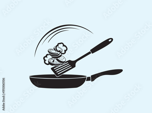 Modern culinary logo element showing an active cooking flip and spatula
