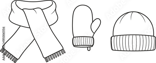 Essential winter clothing accessories including a scarf mitten and beanie hat depicted in a minimalist outline vector style for cold weather concepts and seasonal designs
