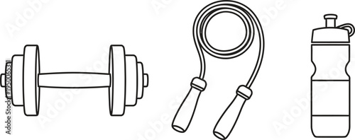 Set of essential fitness equipment featuring a dumbbell jump rope and water bottle in a minimalist outline vector style perfect for gym and workout concepts