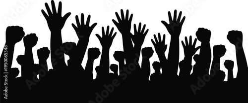 Silhouette of Raised Hands and Fists in a Crowd on White Background Keywords: crowd, people, hands, raised, fists, arms, up