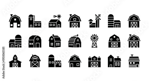 minimalist flat vector illustration set of farm and barn icons arranged in a clean grid layout.