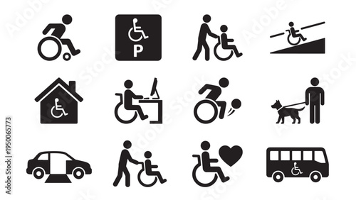 Disability and Accessibility Services Icon Set for Inclusive Design Wheelchair Transport Housing and Public Use Applications