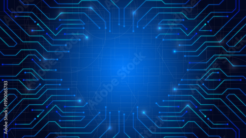 デジタル回路テクノロジー背景（青色基板ラインのハイテクデザイン素材）