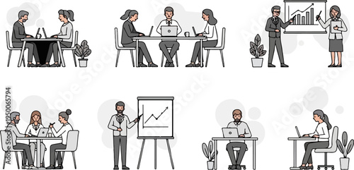 Diverse professionals collaborate and present in business settings