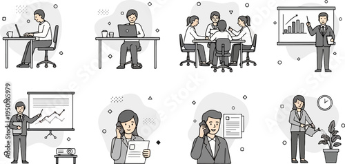 Office scenes showing work, meetings, presentations, and plant care