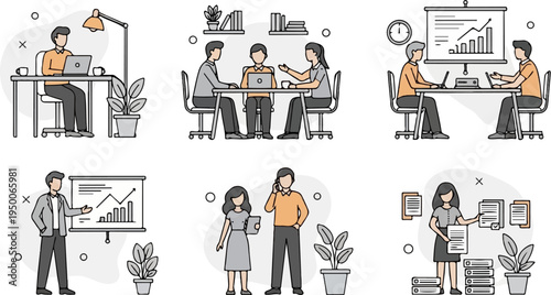 Office scenes showing collaboration, presentations, and individual tasks