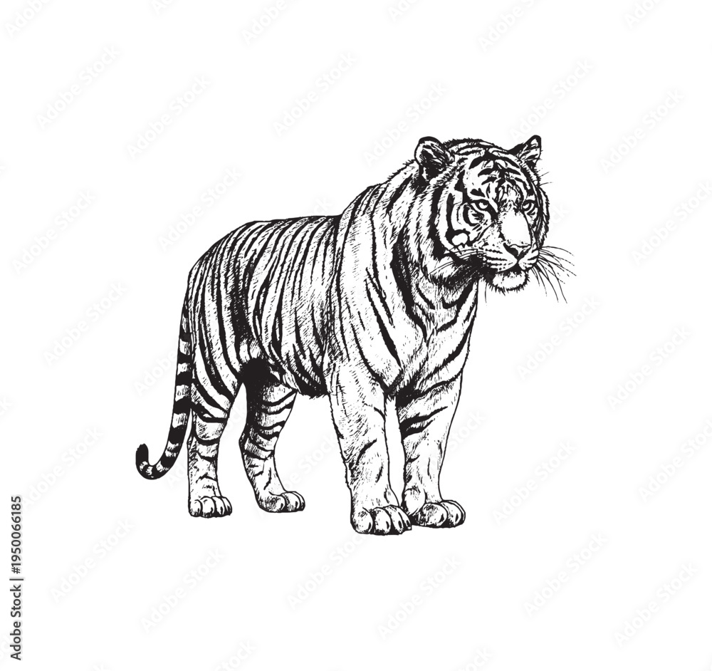 Fototapeta premium Hand drawn tiger illustration in vintage engraving style. Detailed black ink wildlife sketch ideal for tattoos, prints, logos and nature themed designs.