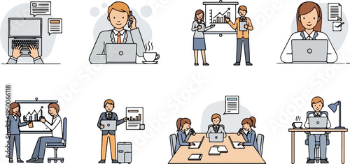 Various business scenarios depicting professional individuals collaborating and working
