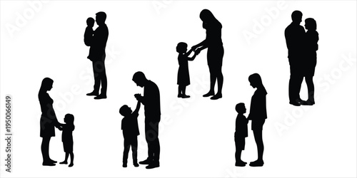 Silhouettes of families and children interacting on a white background Keywords: family, children, parents, mother, father, son