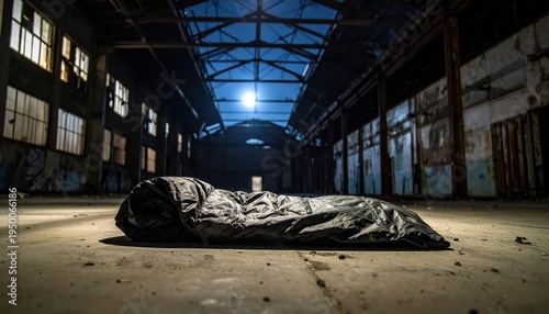 A worn and unfurled sleeping bag rests on a cold concrete floor inside a dark, abandoned industrial building.